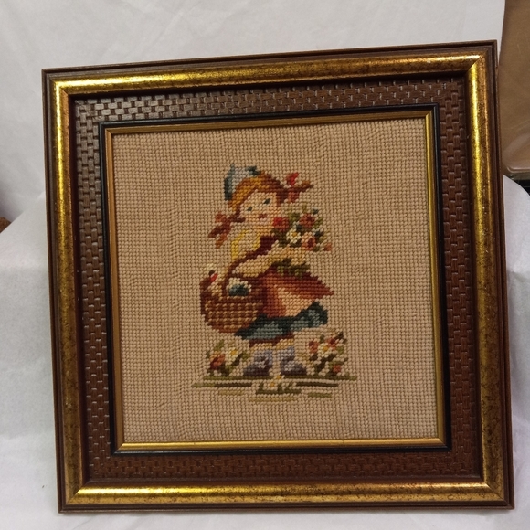 Framed Needlepoint Little Dutch Girl with Basket Of Flowers 12x12" - Picture 1 of 6